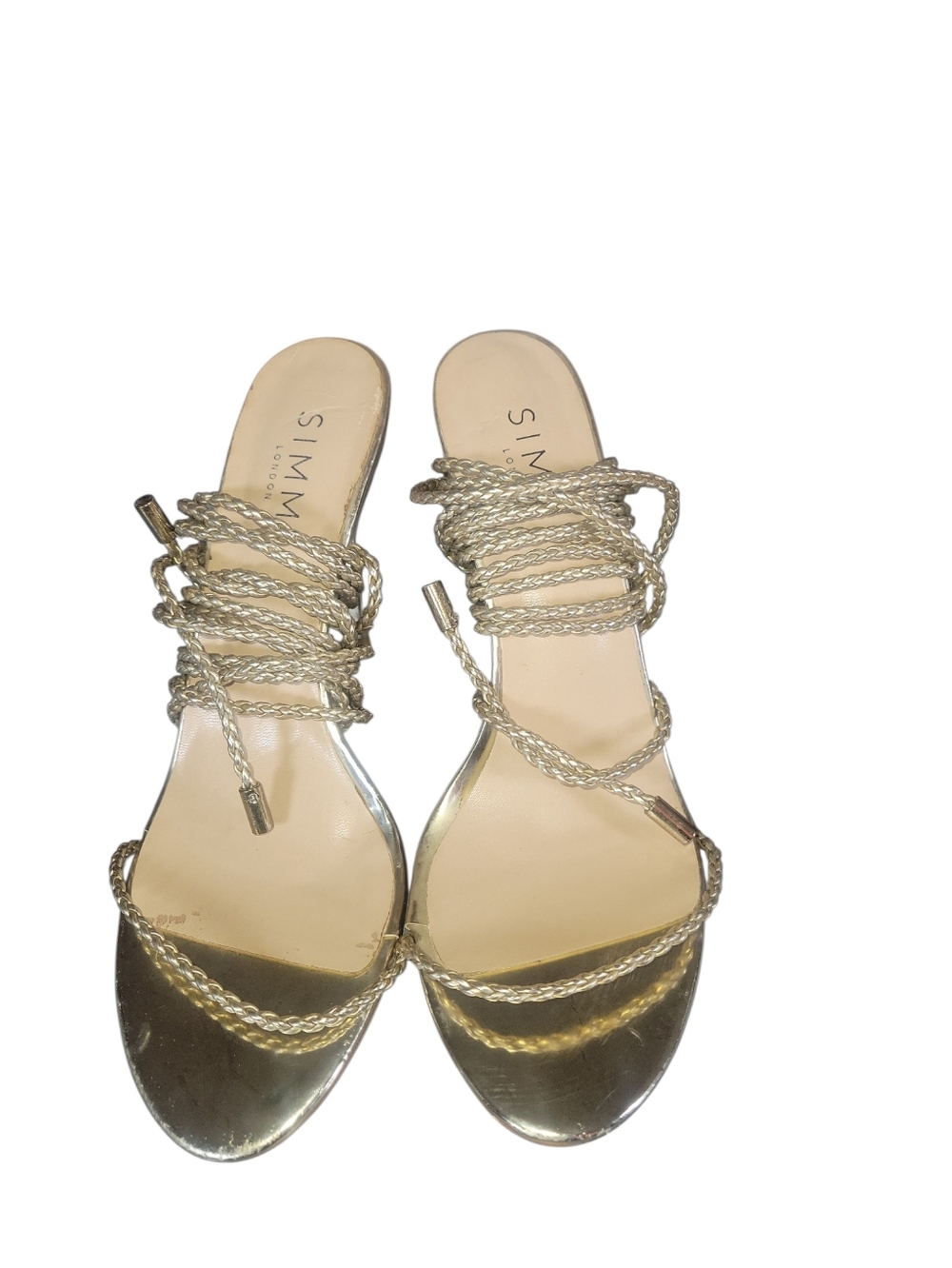 Simmi London Gold Braided Wrap Lace Up Stiletto Heels Cushioned Sandals 6